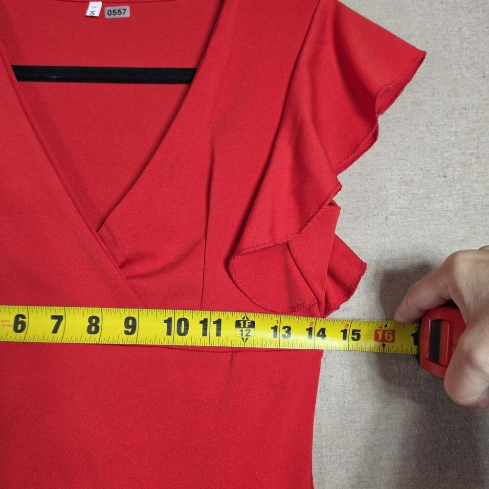 Red Midi Dress Ruched V-Neck Ruffle Sleeve Bodycon Stretch Pullover Sz S - Picture 7 of 11